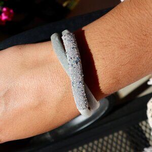 Gray Velvet Double Wrap Bracelet | Rhinestone Detail | Silver Magnetic Closure
